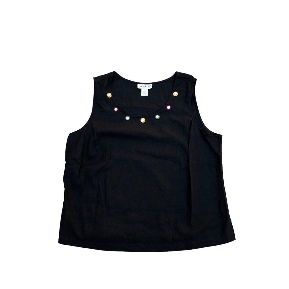 Vintage 90s A.K.C. Linen Blend Tank Top Women's 1X Sleeveless Shirt Blouse Black